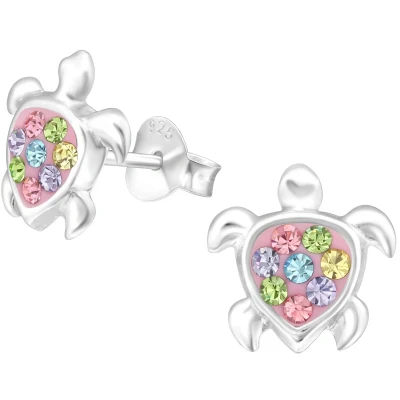 Afbeelding van JoyS Zilveren schildpad oorbellen 9.5 x 10 mm zilver roze met gekleurde kristalletjes kinderoorbellen