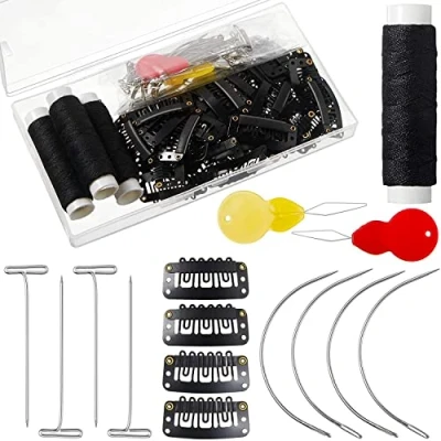 Afbeelding van 85PCS Hair Extensions Clip Pruik Maken Set Met 50 U Vorm Snap Clips 10 Gebogen Naalden 20 T Pins 2 Naaldinrijger 3 Rollen Zwart Weven Draad voor Haarextensies