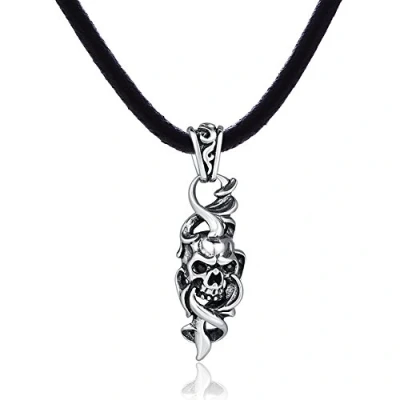 Afbeelding van DonDon heren leren ketting leer halsketting 50 cm met roestvrij stalen hanger style doodshoofd