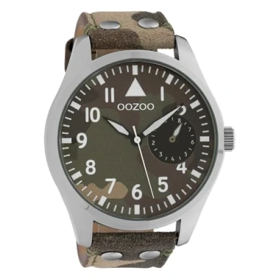 Afbeelding van OOZOO Timepieces Zilverkleurige horloge met camouflage leren band C10326