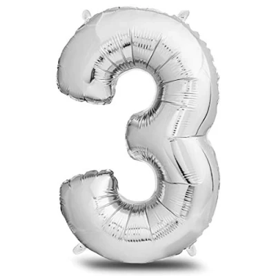Afbeelding van envami® Folieballon met cijfer, extra groot, zilver, 101 cm, verjaardagsdecoratie, cijferballon, decoratie voor verjaardag, vliegt helium, cijfer 3