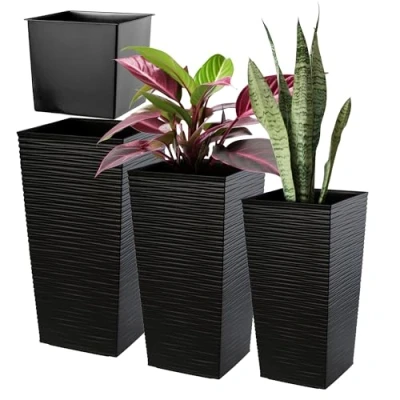 Afbeelding van KADAX Bloempotset, bloempot van kunststof, plantenbak, weerbestendige bloempot, voor binnen en buiten, (zwart, set 3 stuks)