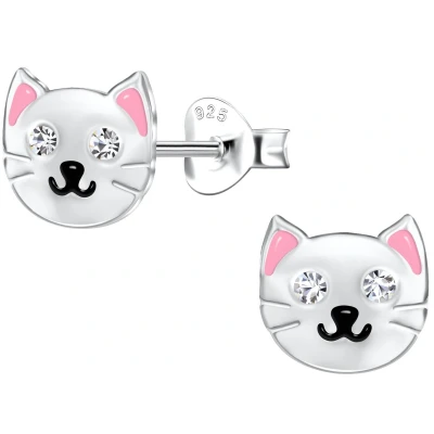 Afbeelding van JoyS Zilveren kat poes oorbellen zilver met roze oortjes 8 x 7 mm kristal sterling 925