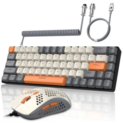 Afbeelding van YINDIAO T8 60% RGB Gaming Toetsenbord en Muis Combinaties + Opgerolde USB C Kabel,Bedraad Mechanisch Toetsenbord,68 Toetsen,US Layout,Honingraat Muis,Tot 6400 DPI,voor PC MAC, Licht Grijs