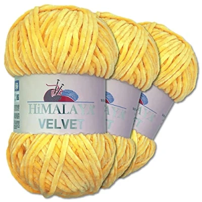 Afbeelding van Wohnkult Himalaya 3 x 100 g Velvet Dolfijnwol 40 kleuren om uit te kiezen, chenille breigaren, pluizige wol, glans, accessoire, kledingdekens (90013, geel)