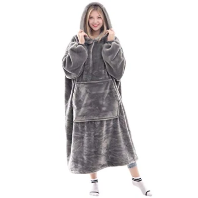 Afbeelding van Waitu Draagbare deken sweatshirt voor dames en heren, super warme gezellige grote hoodie, dikke flanellen met mouwen gigantische zak grijs