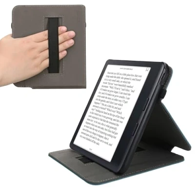 Afbeelding van kwmobile E reader hoesje geschikt voor Kobo Libra Colour hoes flip case van kunstleer Ereader cover met handgrip en stand In petrol
