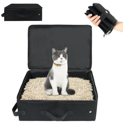Afbeelding van draagbare kattenbak met deksel, opvouwbaar, voor kleine kitten, kattenbak, reis auto, duurzaam en waterdicht, camping, binnen buiten, zwart