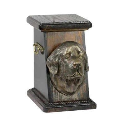 Afbeelding van Art Dog Custom Memorial Urn Handgemaakte Box Koudgegoten bronzen hondenkop op berkenbasis 19cmx32cmx30cm Newfoundland
