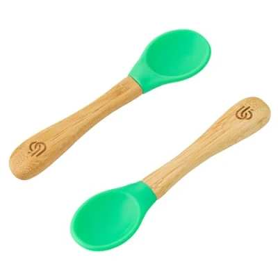 Afbeelding van bamboo ® Babyspeenlepels Set van 2 Bamboe met zachte siliconen tips Ergonomische handgrepen gemakkelijke grip BPA vrij (set 2, groen)