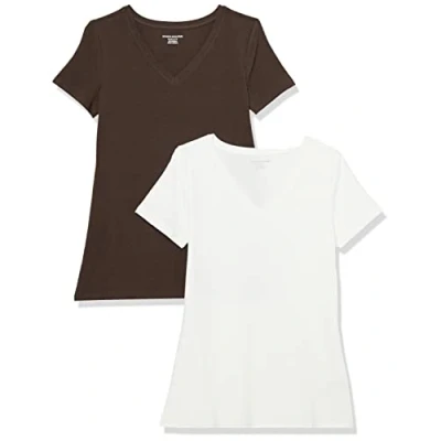 Afbeelding van Amazon Essentials Women&#039;s T shirt met korte mouwen en V hals in klassieke pasvorm, Pack of 2, Espresso/Wit, S