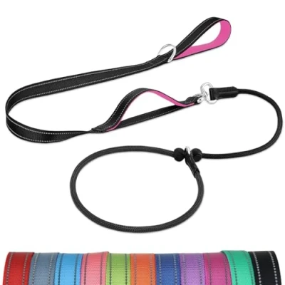 Afbeelding van Joytale Klittenvrije glijlijn voor honden, 6 ft sleeplijn met gewatteerde dubbele handgreep, reflecterende nylon trainingslijn kleine tot middelgrote honden 15 40 lbs, zwart/felroze