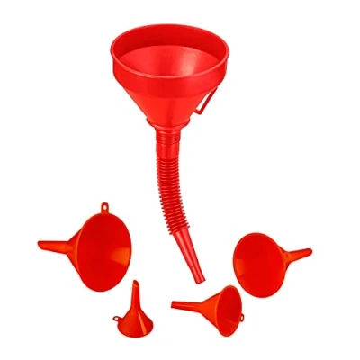 Afbeelding van Relaxdays olietrechter set, 5 groottes, universele trechters met slang en zeef, benzinetrechter of keukentrechter, rood