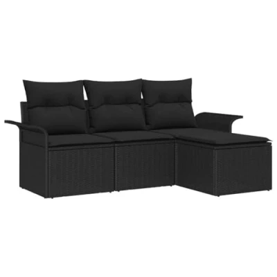 Afbeelding van vidaXL 4 delige Tuin Sofa Set met Kussens Zwart Poly Rattan, 2 Zits Opslag &amp; Rattan