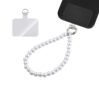 Afbeelding van mobiele telefoonketting met parelmoerkleurige kralen kort Universele telefoon polsband incl. patch voor elk gsm hoesje Lanyard riem (lengte 24cm)