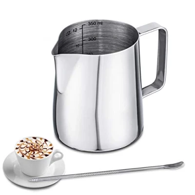 Afbeelding van Emsmil 350 ml roestvrij stalen melkkannetje kit met maatmarkering en latte art stift, zilver, kleine melkopschuimer, kannetje, melkkan, barista, slagroomkannetje, opschuimkannetje voor espresso