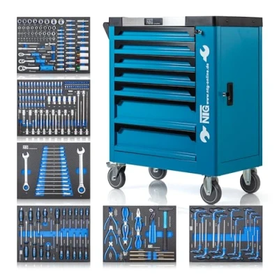 Afbeelding van NTG Gereedschapswagen + gereedschap 7 laden 252 delig afsluitbaar waarvan 6 met zachte inlays in carbonlook gevulde werkplaatswagen gereedschapskist