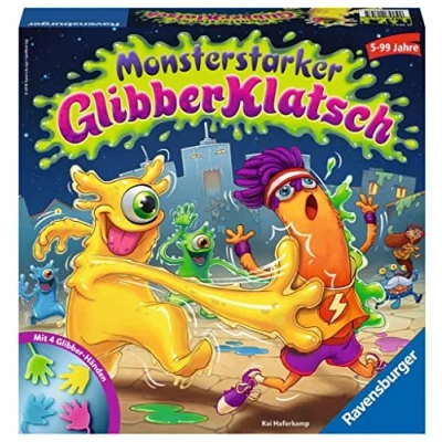 Afbeelding van Ravensburger Monstersterke glibberige roddels: 4 pantoffelbandjes/4 pantoffelmonsters/ 14 stadsmonsters/ 1 vuilnisbak/ draaitafel met pijl/4 spelfiguren/ spelgids