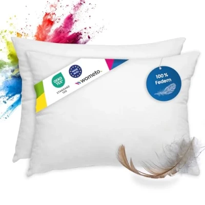 Afbeelding van wometo Oeko Tex Kussens Set van 2 veren 100% veren, 30 x 50 330 g, vulkussen, overtrek, katoen, wit/binnenkussen/kussenvulling/klein hoofdkussen (2 stuks)