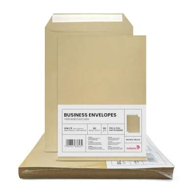 Afbeelding van Netuno 50 bruine C5 enveloppen 162x229mm rechte klep drukgevoelig zonder venster 80g voor facturen folders belastingaangiften brochures
