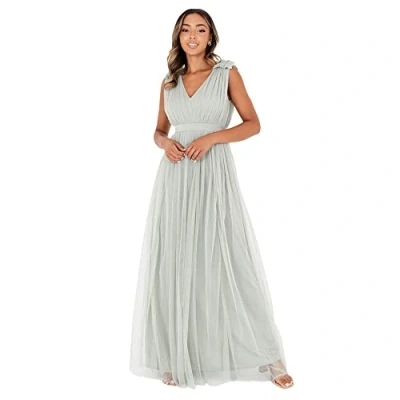 Afbeelding van Maya Deluxe Maxi jurk voor dames, met ruches, V hals, mouwloos, hoge Empire taille, lang, gala, gast, bruiloft, bruidsmeisje, Groene Lelie, 38