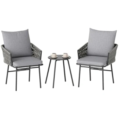 Afbeelding van Outsunny 3 tlg. Rattan Bistroset, Sitzgruppe, Gartengarnitur mit 2 Gartensesseln, Couchtisch, abnehmbar Kissen, Balkonmöbel Set für Garten, Terrasse, Stahl, Grau
