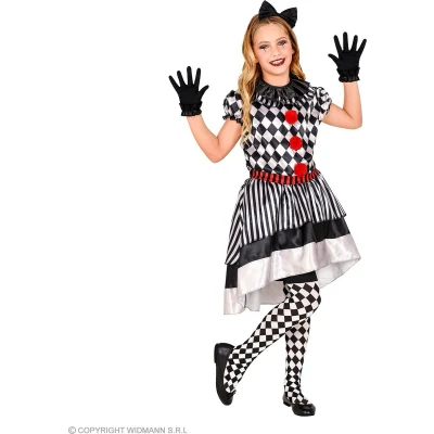 Afbeelding van Widmann Harlequin Kostuum Speelse Harlekijn Pop Kind Meisje Zwart / Wit Maat 116 Carnavalskleding Verkleedkleding