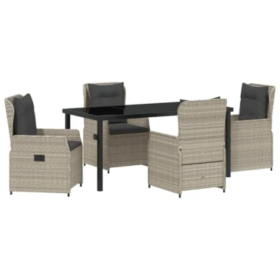 Afbeelding van vidaXL 5 delige Tuin Eettafelset Lichtgrijze Poly Rattan, Tafel Zwart 160x80x73 cm Geharde Glas