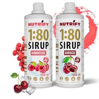 Afbeelding van NUTRIFY Vital Fitness Drink 1:80 siroop 2x1 L set kers &amp; framboos, drankconcentraat met vitaminen carnitine suikervrij 160 liter sportdrank caloriearm 2 pack, x 1000 ml