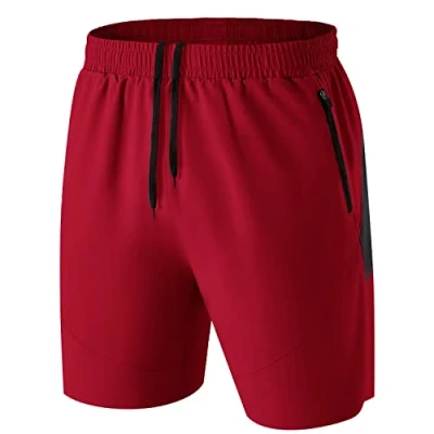 Afbeelding van HMIYA Sportshorts voor heren, sneldrogend, hardlopen, gym, casual, kort, lichtgewicht, met ritszakken, Rood, 3XL