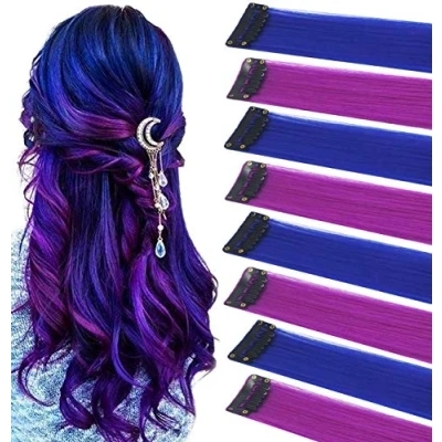 Afbeelding van ZHAOWWEI 8 PCS Princess Colorful Extensions Multi Colors Party Highlights Streak Synthetic Hairpieces Clip In/Clip On Colored Hair Extensions(blue purple)