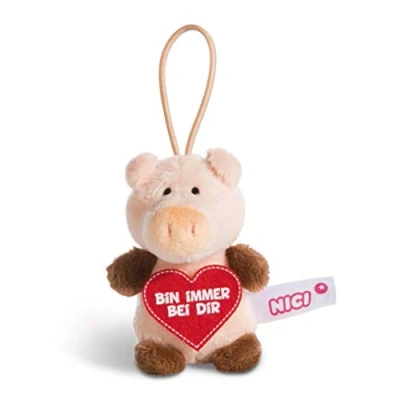Afbeelding van NICI 44867 hanger varken met spreuk Bin Immer bei dir 8 cm lus, roze/bruin