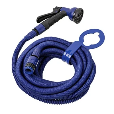 Afbeelding van Tatay 990105 Set met uittrekbare slang, 15 m, licht, bewateringspistool 8 posities, universele aansluiting, kraanaansluiting vrouwelijk 3/4 inch 1/2 en kraanhouder, blauw