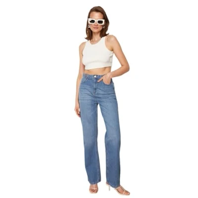 Afbeelding van Trendyol Dames hoge taille wijde pijpen 90&#039;s jeans, Blauw, 60