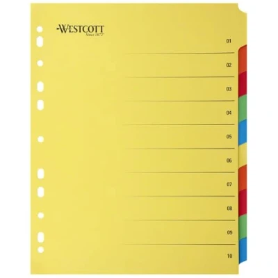 Afbeelding van Westcott E 1733313 00 Folder Register voor A4 kunststof portefeuilles Extra brede ordnerbladen geperforeerde zakken 10 gekleurde tabs als mappenorganizer, robuust 230 g/m² met europonsen