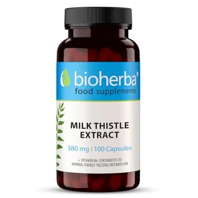 Afbeelding van 100 Mariadistel Capsules met hoge concentratie 380 mg per capsule en dagelijkse dosis tot 1520 Hoogwaardige leverondersteuning vitamine B6 voor optimale detox gezondheid van BIOHERBA