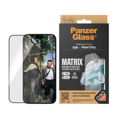 Afbeelding van Screenprotector Apple iPhone 15 Plus: PanzerGlass Matrix Recycled Ultra Wide Fit Anti Bacterial incl. applicator Plastic