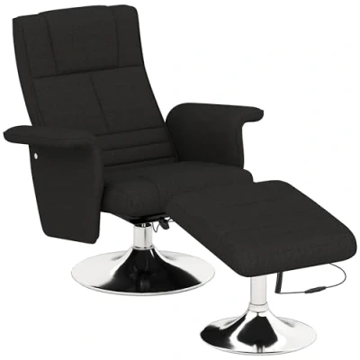 Afbeelding van HOMCOM Relaxstoel met voetenbank, draaibare massagestoel ligfunctie, 8 punts vibratiemassage, elektrische televisiestoel afstandsbediening, linnenlook, staal, zwart