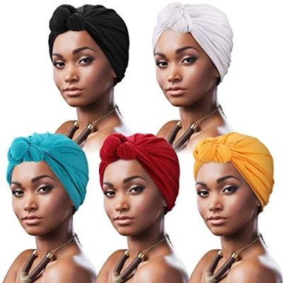 Afbeelding van DRESHOW 5 Pak Vrouwen Tulband Afrikaans Patroon Knoop Hoofddoek Beanie Voorgebonden Bonnet Chemo Pet Haaruitval Hoed