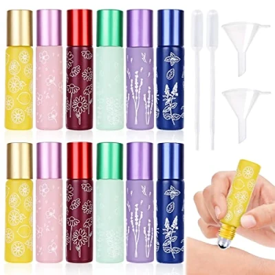 Afbeelding van 16 stuks etherische oliën, roll on flessen, glazen fles, leeg, 10 ml, met roestvrij stalen rollerballen, navulbaar, multicolor flessen voor olie, aromatherapie, parfum