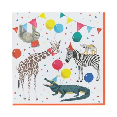 Afbeelding van Talking Tables 20 x Safari Animal Themed Papieren Servetten voor Meisjes &amp; Jongens Verjaardag of Baby Shower Kinderfeest Servietten, Picknick, Wegwerp, Gerecycleerde Eco Choice, Madagaskar 33cm