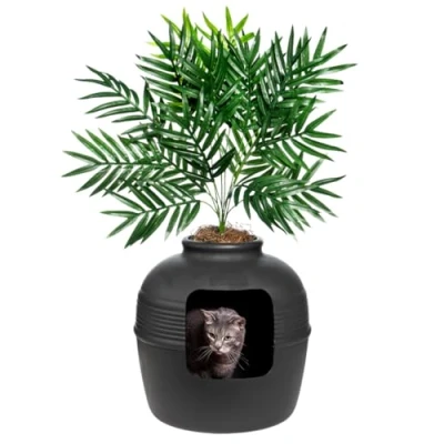 Afbeelding van Good Pet Stuff, De originele verborgen kattenbak, kunstplanten en ingesloten kattenplantenbak, geventileerd geurfilter, gemakkelijk schoon te maken, zwart suède