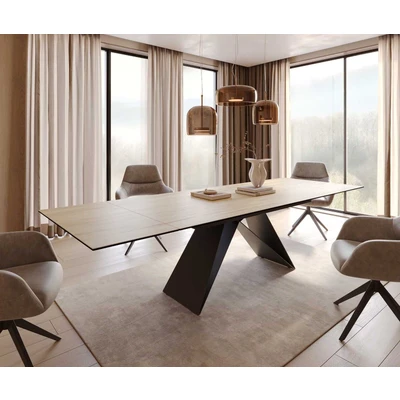 Afbeelding van DELIFE Eetkamertafel Edge 200 300x100 keramiek Laminam® Sabbia eiken kleur V frame vlak staal zwart uitschuifbaar