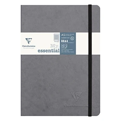Afbeelding van Clairefontaine 793423C Age Bag Collectie Grijs Elastisch Gebonden Notitieboek My.Essential A5 14,8x21cm 192 Genummerde Pagina&#039;s Vierkante Ruitjes Ivoor Papier 90g Glanzende Karton, Lederen Kaft