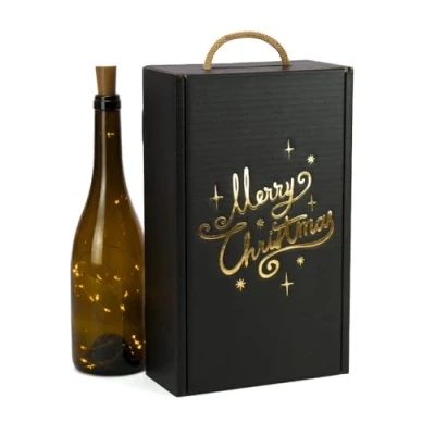 Afbeelding van ONLY BOXES Verpakking van 4 stuks, elegant etui voor 2 flessen met handvat, gerecycled karton, goudkleurige metallic print, feesten