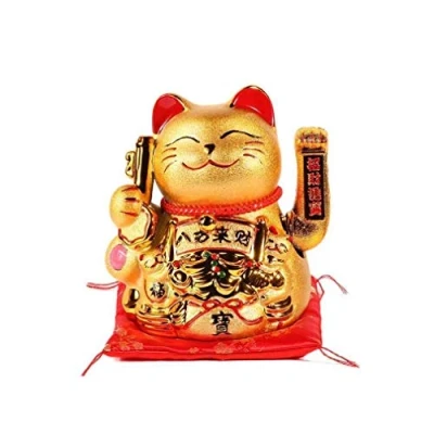 Afbeelding van lachineuse Grand Maneki Neko Gold met beweegbare arm Japanse geluksbrenger kattenbeeld beeldje 20 cm Kawaii object decoratie goud cadeau idee Japan Azië geluk, fortuin