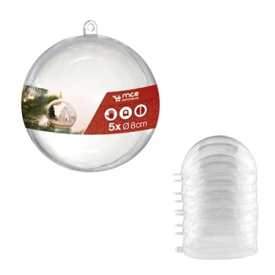 Afbeelding van acryl bal A66805 Ø 8 cm glashelder met oogje om op te hangen, 2 delen, 5 stuks, plexiglas ballen, kerstbal, kunststof bal, transparant,