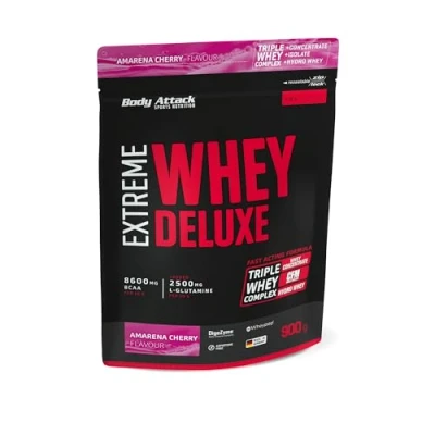 Afbeelding van Body Attack Extreme Whey Deluxe, eiwitpoeder met aminozuren en Isolat Triple Serum Complex wei isolaat, perfect oplosbaar eiwitpoeder, suikerarm, vetarm, doos, notennougat, kersencrème, 900 g