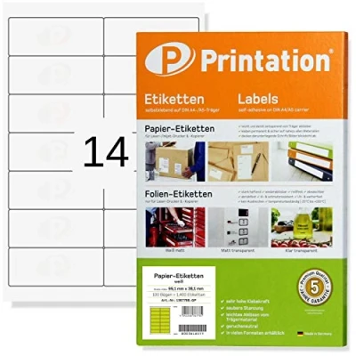 Afbeelding van Printation Etiketten 99,1 x 38,1 mm, 350 adreslabels, zelfklevend, blanco, wit, bedrukbaar, adresetiketten op 25 DIN A4 vellen, 2 7 14 stuks per vel labels/sticker 4678 5076