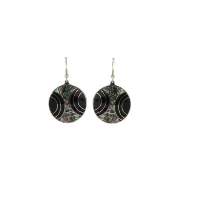 Afbeelding van Behave Oorbellen oorhangers abalone schelp rond zilver kleur zwart multi 5 cm
